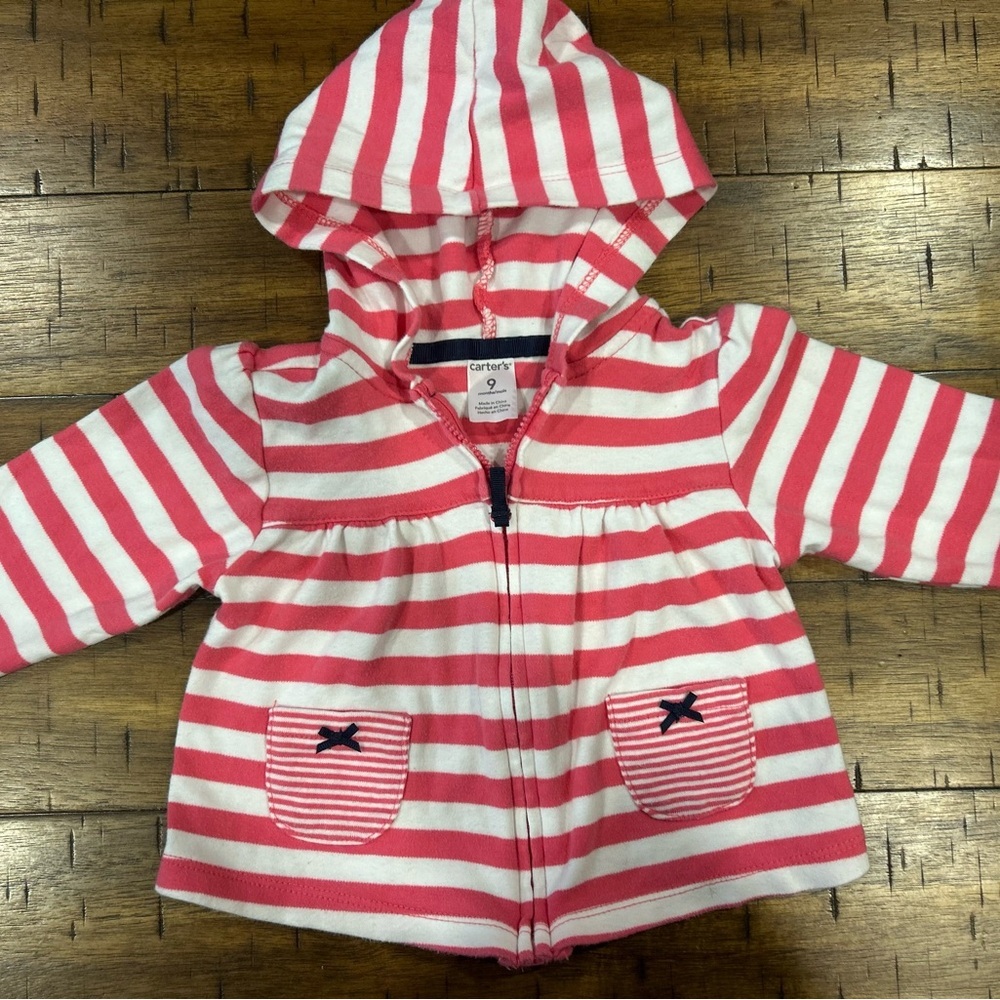 Carter's Pinkie and White Striped Hooded Baby Zip Up Sweater with Pockets